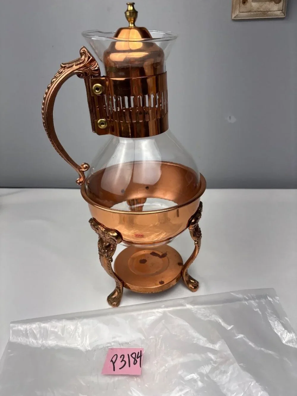 Princess House Copper Brass Coffee/Tea Carafe Lid Ornate Stand Vintage